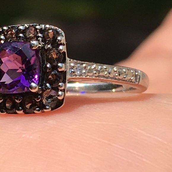 10k Solid White Gold Amethyst & Smokey Quartz Ring - Picture 11 of 15